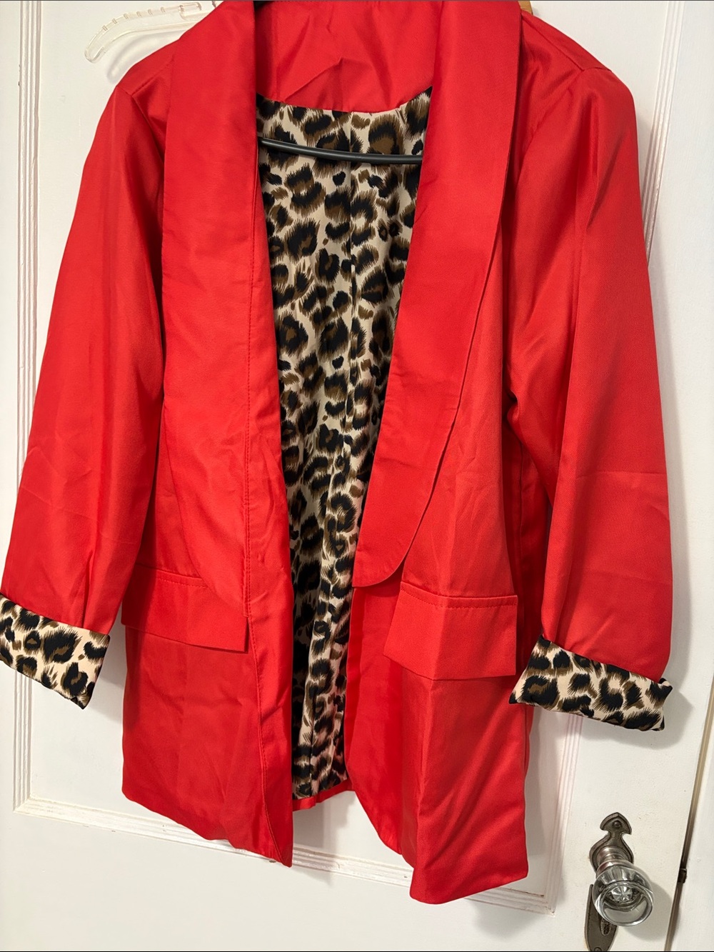 Red Women's Open Blazer with Leopard Print Lining
